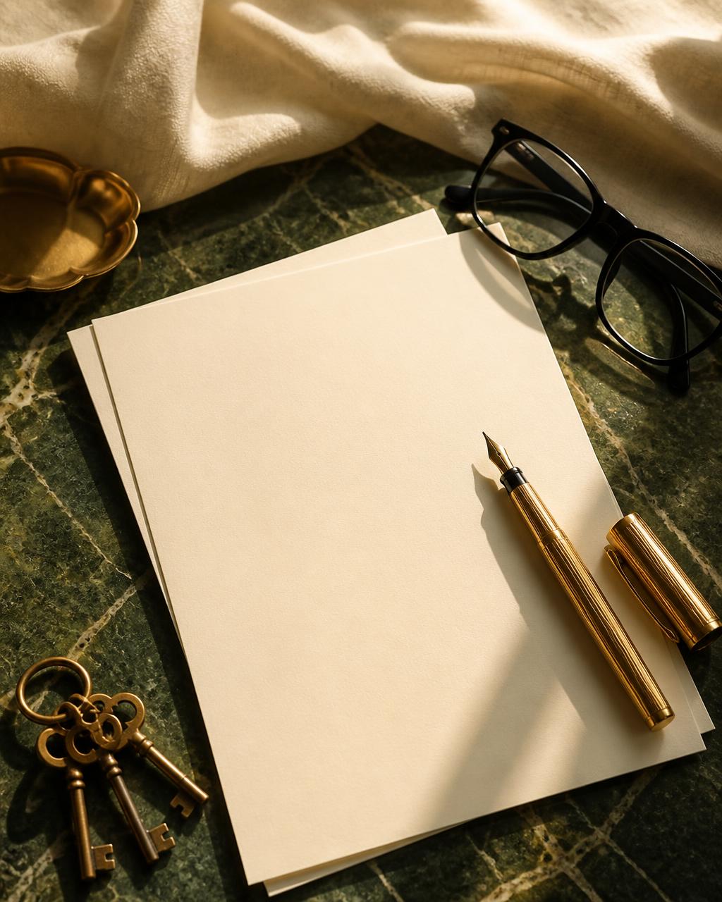 Gold fountain pen, keys, and papers on olive marble